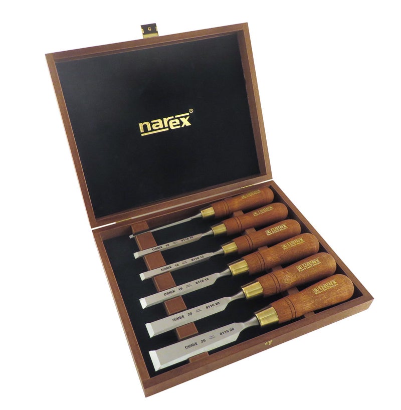 Narex Czech Steel Premium 6 pc set w/ 6 mm (1/4), 10 mm (3/8), 12 mm (1/2), 16 mm (5/8), 20 mm (13/16), 26 mm (1-1/16) Woodworking Chisels w/Hornbeam Handles in Wooden Presentation Box 853200 - Image 1